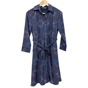eShakti Red White Blue Star Pattern Navy Long Sleeve Belted Shirt Dress July 4th